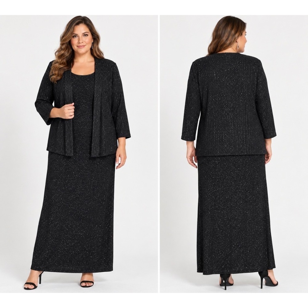 Vintage Alex Evenings 20W Black Glitter Knit 2-Piece Jacket Dress Formal Gown